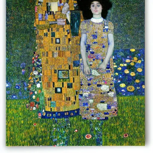 Image similar to a portrait of two beautiful sisters in a scenic environment by gustav klimt