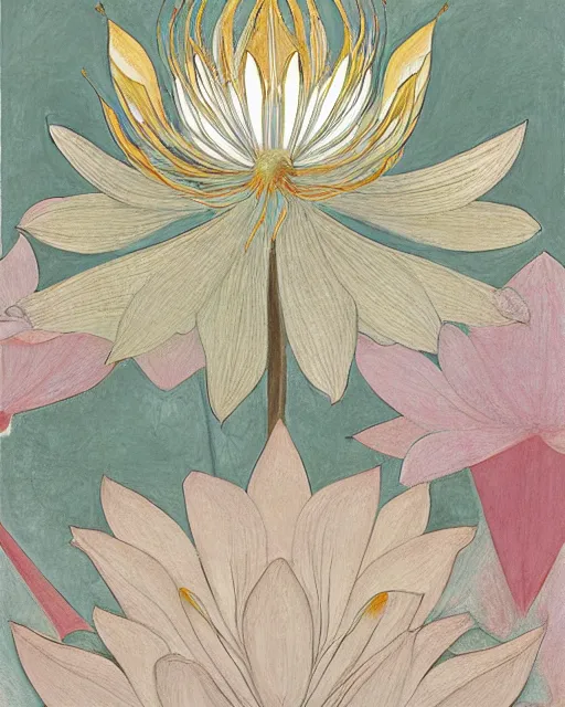 Image similar to blossoming lotus by hilma af klint, moebius, victo ngai, laurie greasly