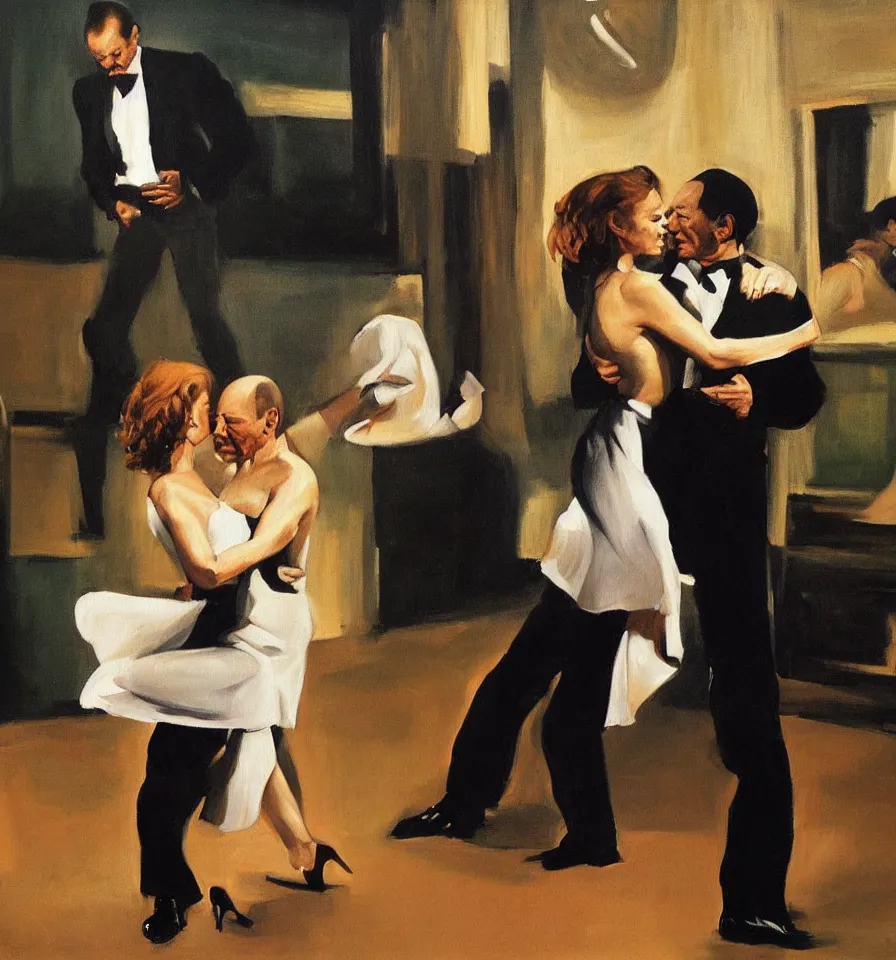 Prompt: A emotional painting of Romy Schneider and Patrick Stewart dancing Tango in a moody spanish club inspired by Edward Hopper and Gustave Courbet.