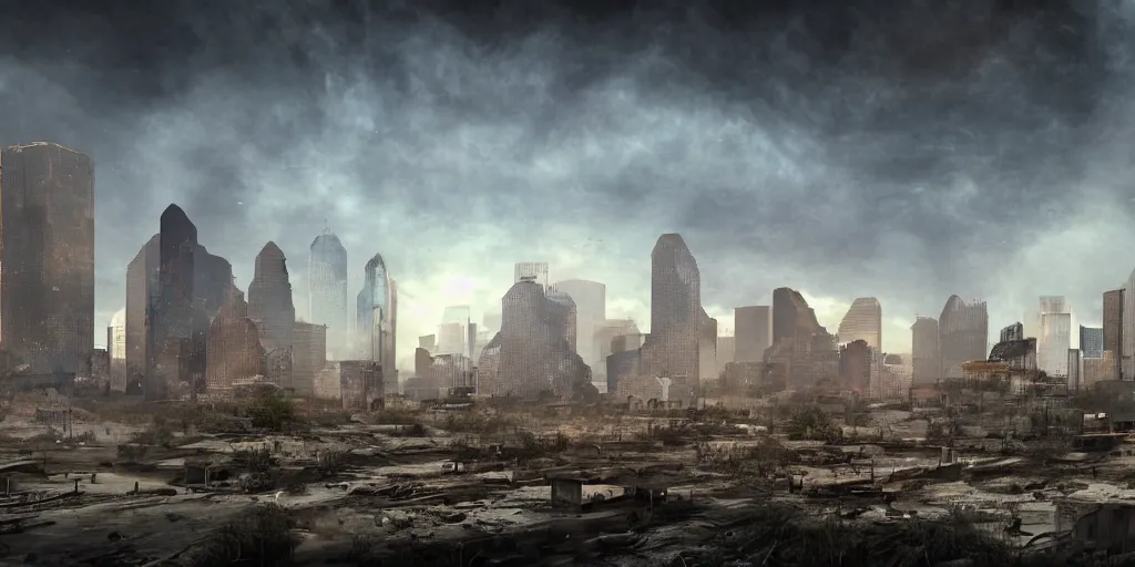 Image similar to Post apocalyptic houston texas matte painting concept art 4k