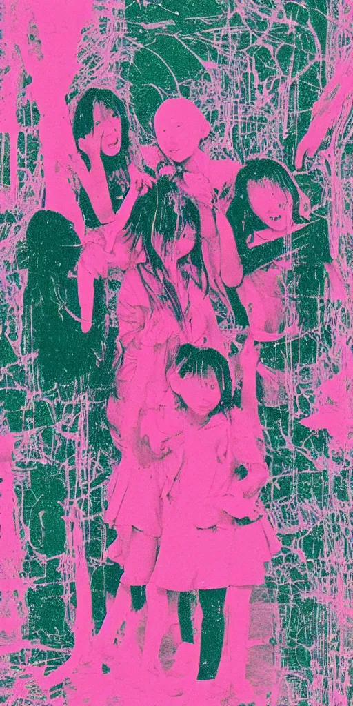 Image similar to polaroid manga infrared photography poster. girl with a realistic and super detailed school girls hugged on the exploted subway. grid and web. minimalistic. rainy weather. dramaticlly deep composition. vapor. pastel tones. The palms come from the depths. palms and green Algae. Rays of light breaking through the water. pink Jellyfish everywhere. super detailed and realistic, photorealistic, center of the frame, redshift, octane, in the style of Hiro Kiyohara