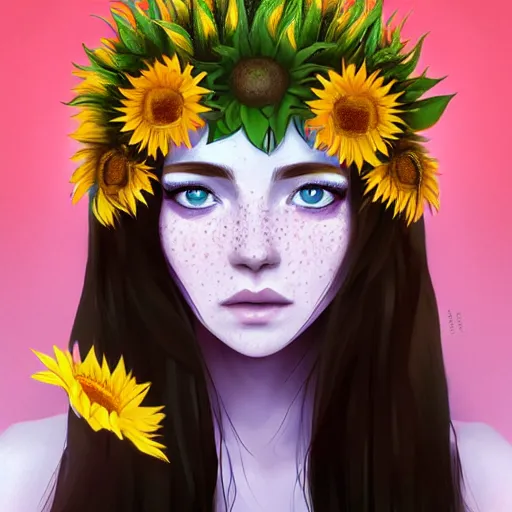 Image similar to a beautiful stunning matte digital portrait illustration of a blue-eyed woman with freckles and violet hair wearing a yellow sunflower crown, in the style of Ross Tran, trending on artstation, contest winner