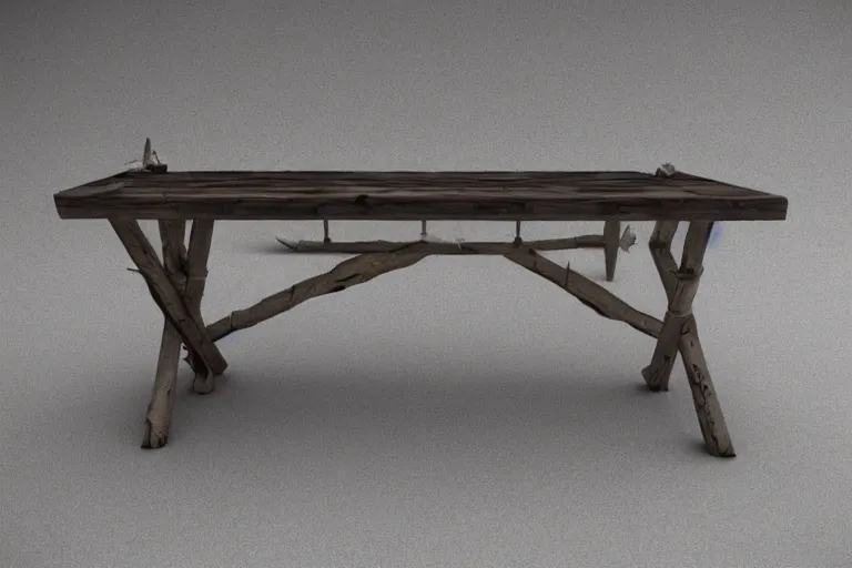 Image similar to a rustic rectangle wooden table with spikes sticking out of it. artstation highquality 4k