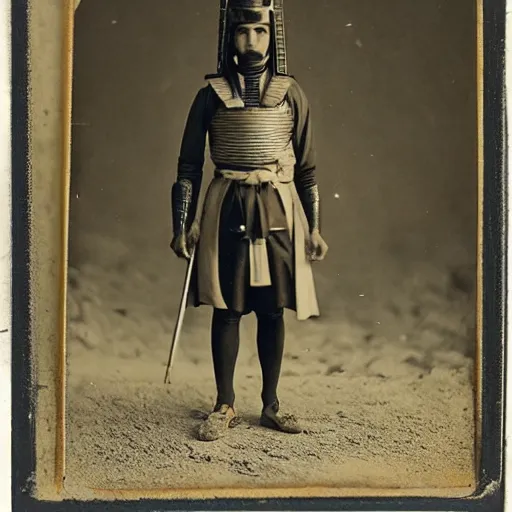 Prompt: egyptian samurai with katana, standing in desert, 1 9 th century, tintype photograph