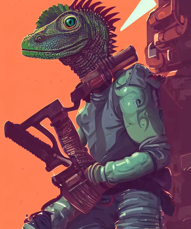 Image similar to a portrait of an anthropomorphic iguana holding a chainsaw, cyberpunk!, fantasy, elegant, digital painting, artstation, concept art, matte, sharp focus, illustration, art by josan gonzalez