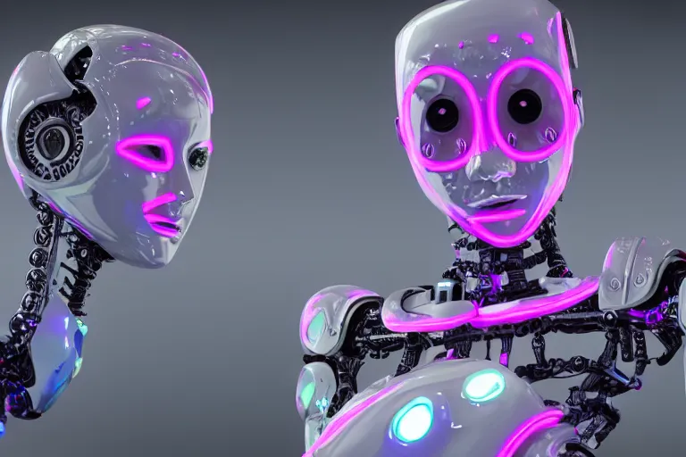 Image similar to a highly detailed render of a humanoid robot that has been switched on for the first time, The style is dark with lots of neon.