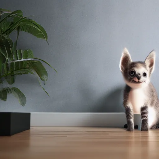 Prompt: a modern indoor room, clean architecture, some plants, peaceful, 8K octane render, a bat kitten sits there n 6