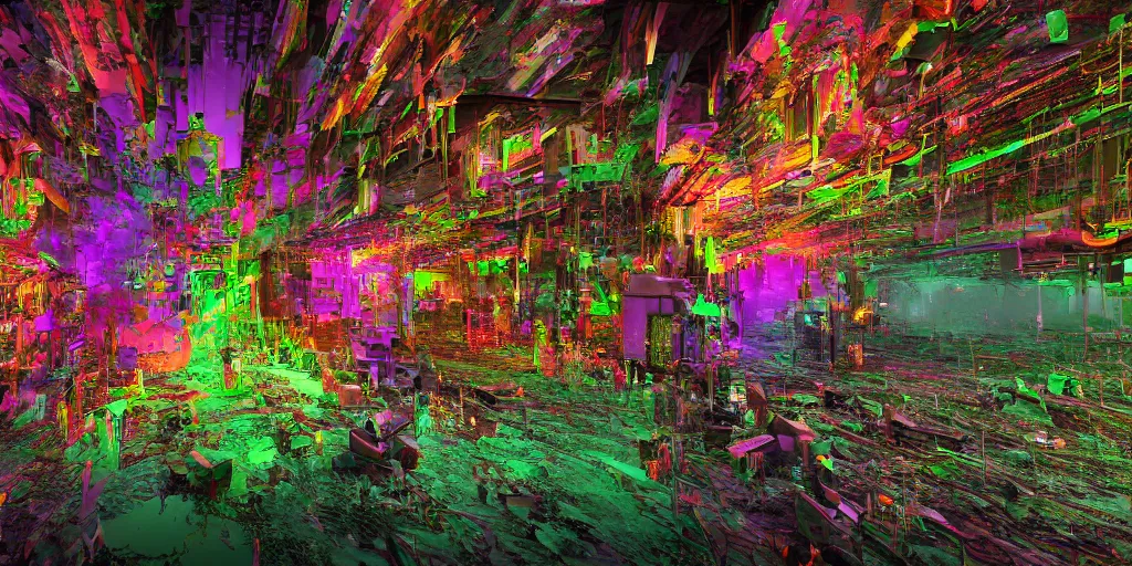 Image similar to ruination, infiltration ruination, deprivation outright annexation, landscape, intricate complexity, horror, rainbow drip paint, psychedelic glitch art, trending on art station, photoreal, 8 k, octane render