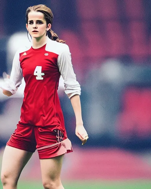 Image similar to a portrait of emma watson as a lokomotiv football player, hyper realistic