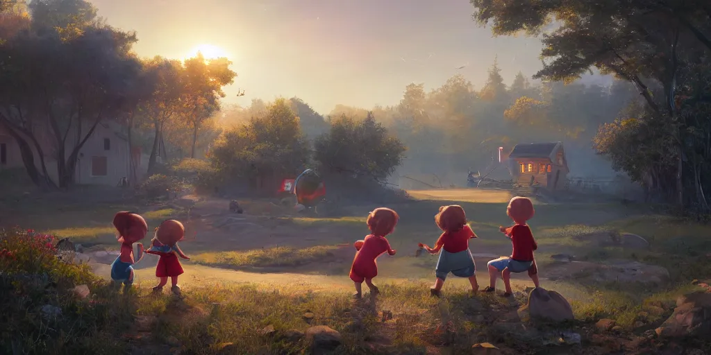 Image similar to cottagecore illustration children playing with a smiling roboton a peaceful morning, pixar and disney animation, sharp, rendered in unreal engine 5, art by greg rutkowski, bloom, dramatic lighting, sunrise