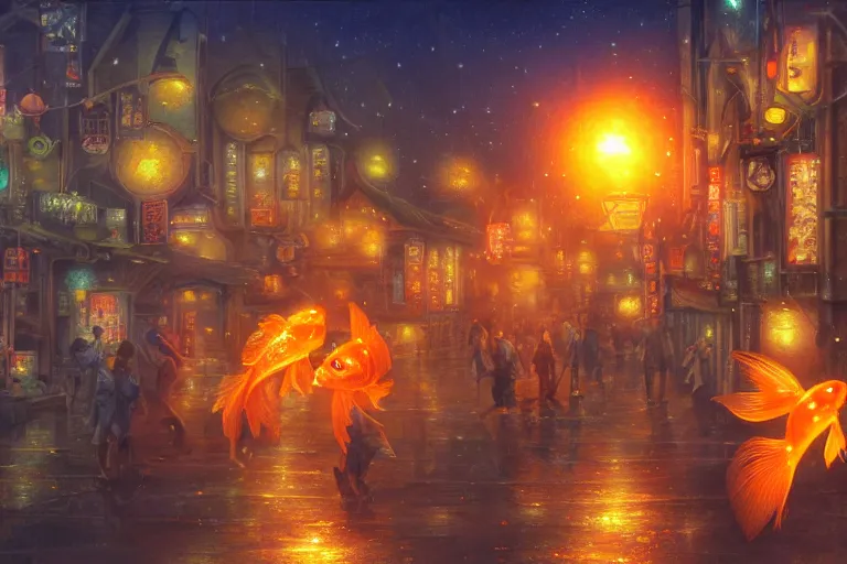 Prompt: fantasy art of glowing goldfish swimming in the air, in the streets of a japanese town at night, with people watching in wonder, by ralph horsley, highly detailed digital art, trending on artstation