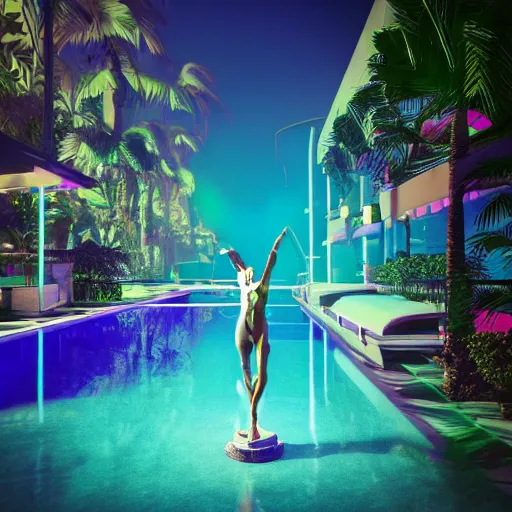 Image similar to a broken statue in a surreal underground white tiled swimming pool surrounded by neon lights and palm trees in vapor wave style, 3D octane render, hyperrealistic, finely detailed, dramatic lighting, neon lighting, unreal engine, houdini, 8k, 4k, raytracing