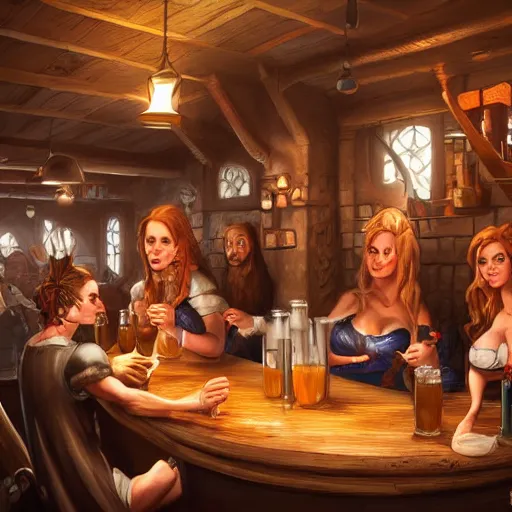 Prompt: medieval tavern with barmaid and patrons drinking, artstation, fantasy, high details, digital art