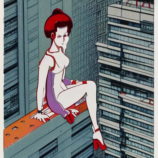 Image similar to Full body portrait of a young woman sitting on the ledge of a high rise building, cyberpunk, cel illustration, exquisitely detailed, Monkey Punch, Hayao Miyazaki, Kazuma Kaneko