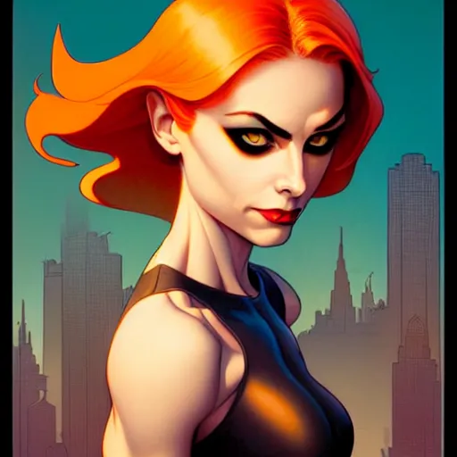 Prompt: phil noto, peter mohrbacher, thomas kinkade, artgerm, willa holland batgirl dc comics, orange hair, symmetrical eyes, city rooftop