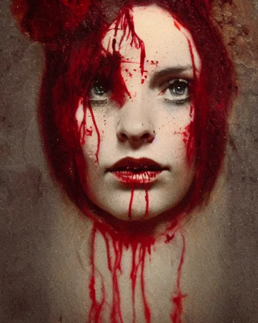 Image similar to an instant photo of a beautiful but sinister woman in layers of fear, with haunted eyes and tangled dark hair, 1 9 7 0 s, seventies, delicate embellishments, a little blood, crimson, painterly, offset printing technique, mary jane ansell