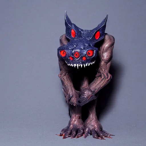 Image similar to detailed full body of scary giant mutant dark blue humanoid pygmy-bat, glowing red eyes, sharp teeth, acid leaking from mouth, realistic, giant, bat ears, bat nose, furred, detailed, 85mm f/1.4