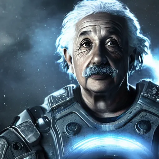 Image similar to Albert Einstein in Gears of War, splash art, movie still, detailed face, cinematic lighting, dramatic, octane render, long lens, shallow depth of field, bokeh, anamorphic lens flare, 8k, hyper detailed, 35mm film grain