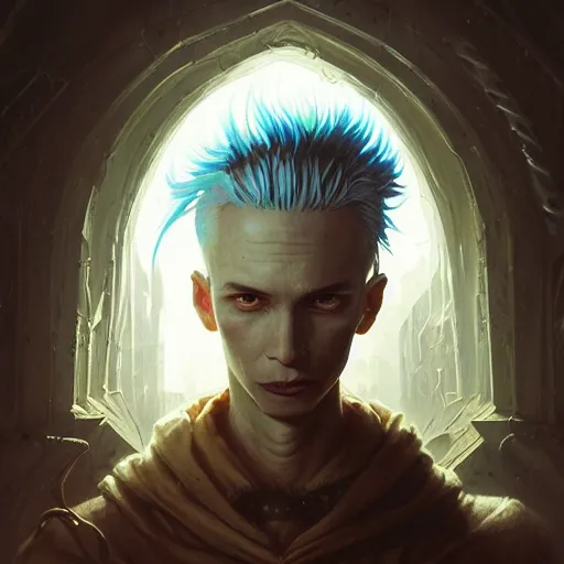 Image similar to highly detailed portrait from a gothic man with mohawk hair, stephen bliss, unreal engine, fantasy art by greg rutkowski, loish, rhads, ferdinand knab, makoto shinkai and lois van baarle, ilya kuvshinov, rossdraws, tom bagshaw, global illumination, radiant light, detailed and intricate environment