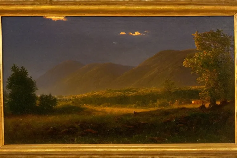 Image similar to a beautiful oil painting of a Scottish Highland landscape, evening light, by Albert Bierstadt