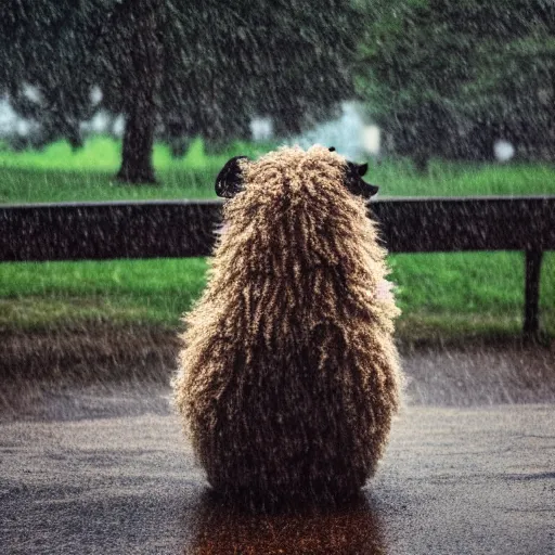 Image similar to a photo of a fluffy monster sitting at a park bench alone in the rain, moody, nostalgic, 8 k uhd