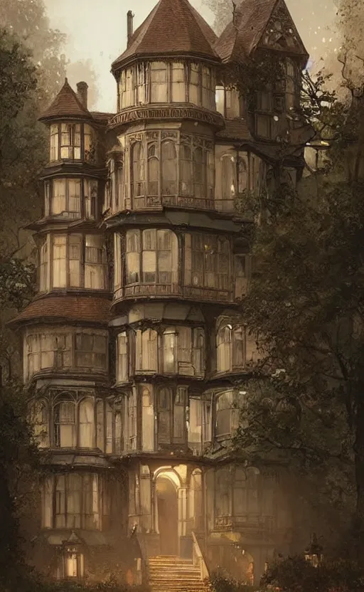 Prompt: Portrait of a victorian manor house in a town, 19th century, highly detailed, cinematic lighting, digital art painting by greg rutkowski