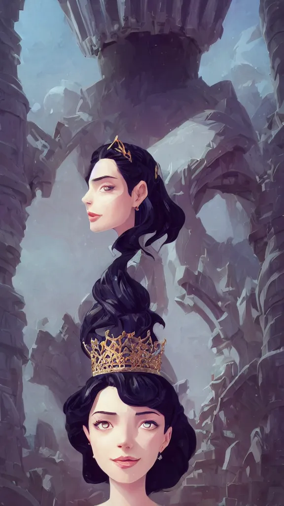 Prompt: stylized minimalist a beautiful black haired woman with pale skin and a crown on her head sitted on an intricate metal throne, loftis, cory behance hd by jesper ejsing, by rhads, makoto shinkai and lois van baarle, ilya kuvshinov, rossdraws global illumination,