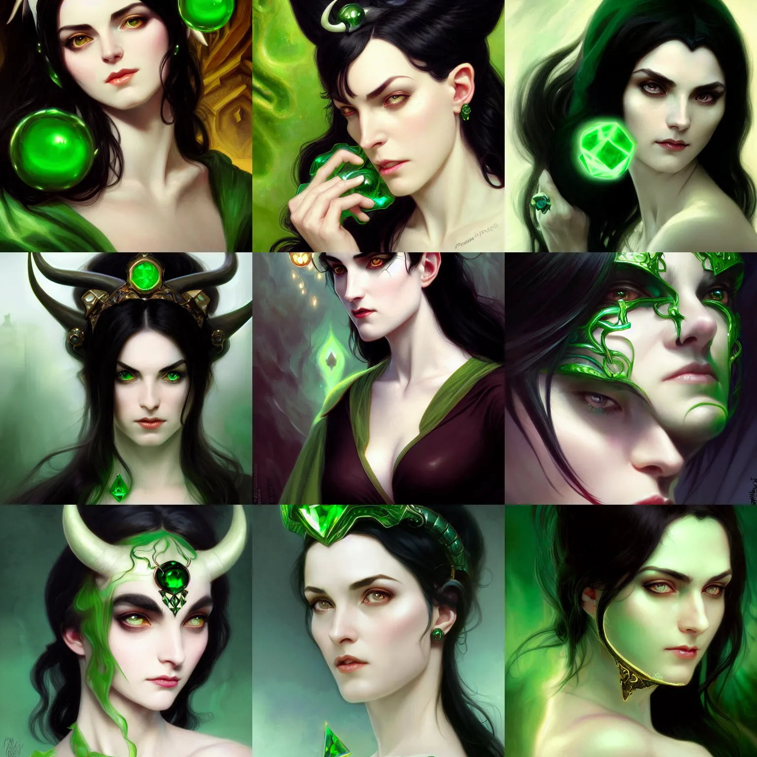 Prompt: beautiful pale woman with black hair and demon horns and a green gem on her forehead, closeup, D&D, fantasy, elegant, highly detailed, digital painting, artstation, concept art, matte, sharp focus, illustration, art by Artgerm and Greg Rutkowski and Alphonse Mucha