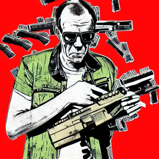 Prompt: Graphic Illustration of a man made out of Guns, Cyberpunk, Portrait, graffiti, by Ralph Steadman, Hunter S Thompson