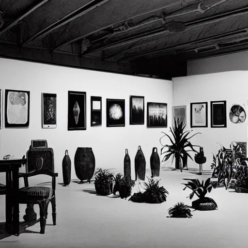 Prompt: A black and white sérigraphie of an exhibition space with works of Sun Ra, Marcel Duchamp and tropical plants