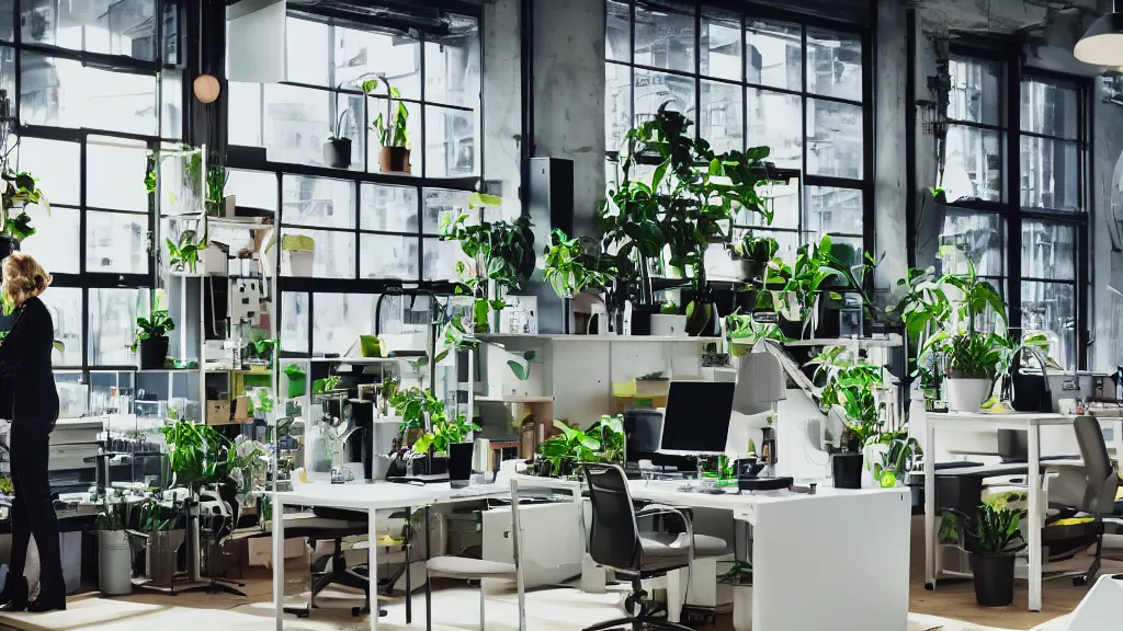 Prompt: IKEA catalogue photo, modern office space, retro future style furniture, cyberpunk style neon lighting, lush plant life, cityscape in the window