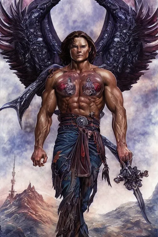 Prompt: muscular Sam Winchester as an angel with religious tattoos on chest and neck, with glowing runes on the body, urban fantasy book cover style, D&D dark fantasy style, sharp focus, ultra detailed, art by Artgerm and Peter Andrew Jones, Karol Bak, Ayami Kojima, Amano and Olivier Ledroit