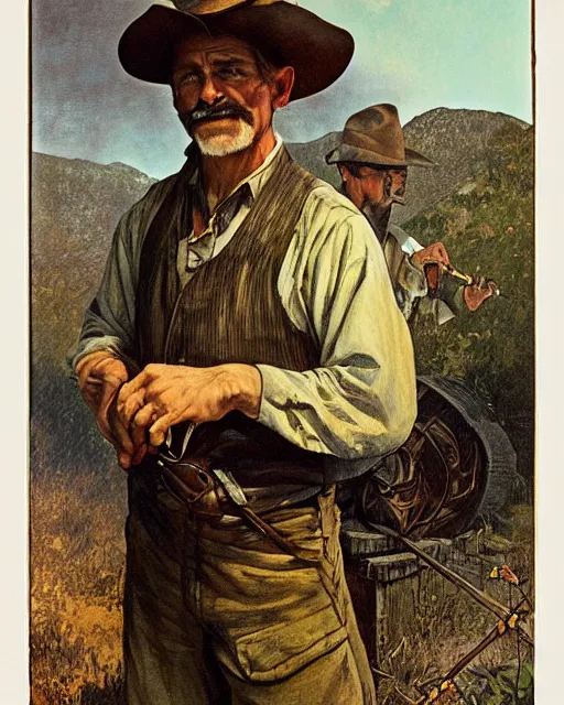 Image similar to medium shot portrait of an Appalachian bootlegger with detailed features and a moonshining still in the background, moonshine jars, dirt, Appalachian mountains, sharp focus, illustration, highly detailed, oil painting, matte, art by Greg Rutkowski and Alphonse Mucha, masterpiece