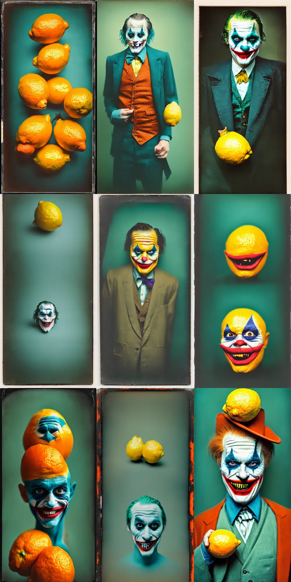 Prompt: kodak portra 4 0 0, wetplate, 8 k, shot of a highly detailed, britt marling style, colour still - life portrait of a lemon looks like 1 9 9 9 joker and his demons, teal and orange, muted coloures