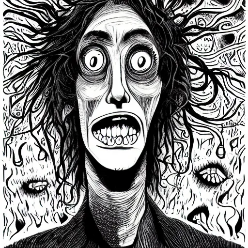 Image similar to black and white trippy comic art of a painful facial expression, hurting & uncomfortable, drawn by Martin Rowson, Tim Burton, Studio Ghibli, Alex Pardee, Nekro Petros Afshar, James McDermott, cgsociety 4K