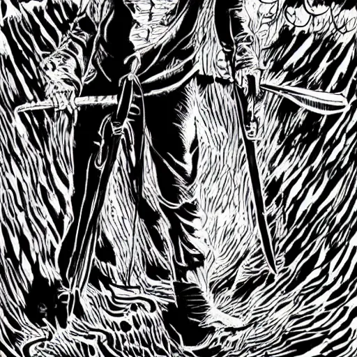 Image similar to black and white pen and ink!!!! rugged royal! golden dawn goetic Frank Zappa x Ryan Gosling golden!!!! Vagabond!!!! floating magic swordsman!!!! glides through a beautiful!!!!!!! battlefield dramatic esoteric!!!!!! pen and ink!!!!! illustrated in high detail!!!!!!!! by Junji Ito and Hiroya Oku!!!!!!!!! graphic novel published on 2049 award winning!!!! full body portrait!!!!! action exposition manga panel black and white Shonen Jump issue by David Lynch and Ari Aster beautiful line art Araki