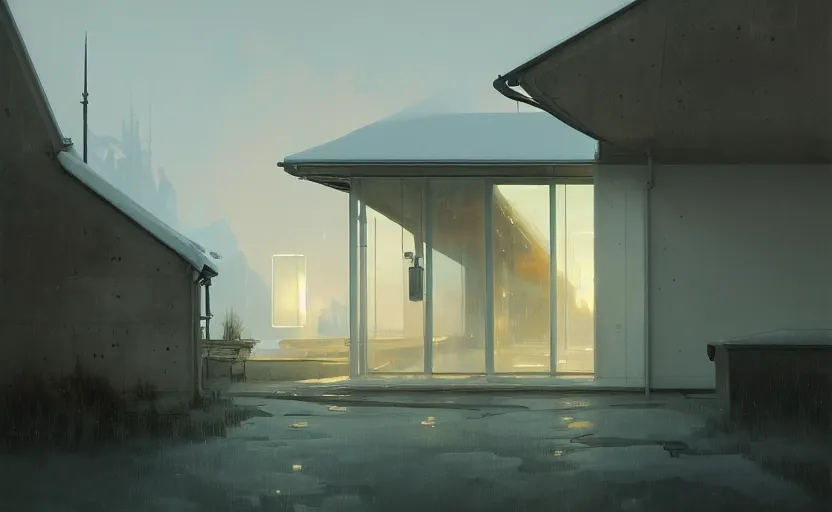 Image similar to painting of a wide angle exterior shot of a white modern architecture with cinematic lighting by peter zumthor, darek zabrocki and greg ruthkowski, alphonse mucha, simon stalenhag and cinematic and blue cold atmospheric, archillect concept art, artstation, trending on artstation