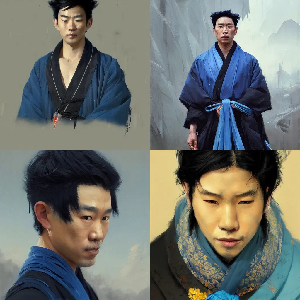 Prompt: masterpiece painting of a portrait of an asian man with tied up black hair wearing blue and black kimono featured in artstation, concept art by Greg Rutkowski, WLOP, Dan Mumford, Christophe Vacher