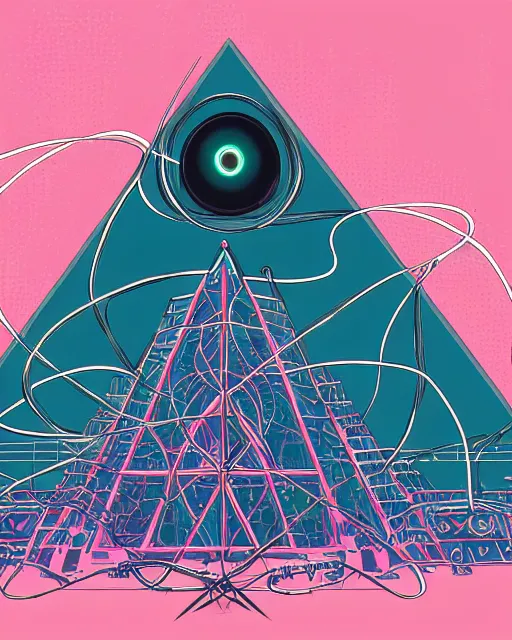 Prompt: eldritch being intertwined with technology, robotic eye, pyramid symbol, paranoia, wires, occult symbols, cyberpunk, digital art, very detailed, colored, clean lines