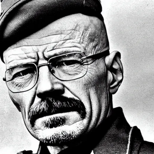 Prompt: walter white as a soldier in ww 2, grainy photo, colorized, in color