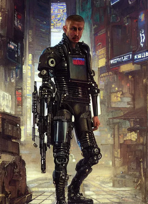 Image similar to Menacing Cyberpunk policeman towering with robotic stilt legs and militarized gear. (dystopian, police state, Cyberpunk 2077, bladerunner 2049). Iranian orientalist portrait by john william waterhouse and Edwin Longsden Long and Theodore Ralli and Nasreddine Dinet, oil on canvas. Cinematic, vivid colors, hyper realism, realistic proportions, dramatic lighting, high detail 4k