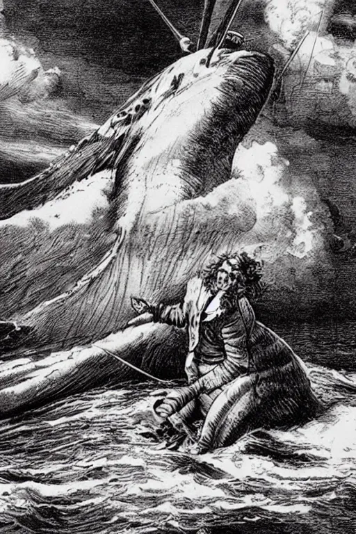 Prompt: Captain Ahab, melancholy, stormy sea, whaling, 1851, art by Glenn Fabry