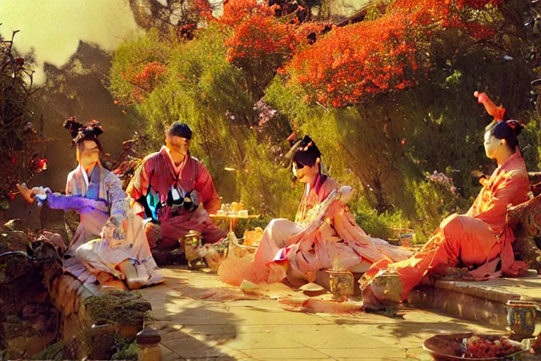 Prompt: wuxia, autumn, people drinking tea in garden, neon light, apricot flower falling, painting by gaston bussiere, craig mullins, j. c. leyendecker