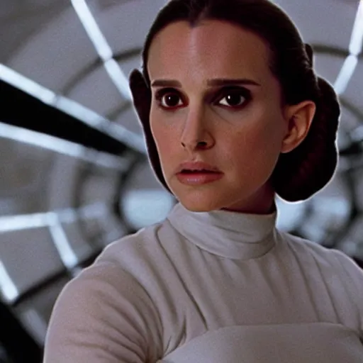 Image similar to princess Leia played by Natalie Portman, movie still, cinematic,