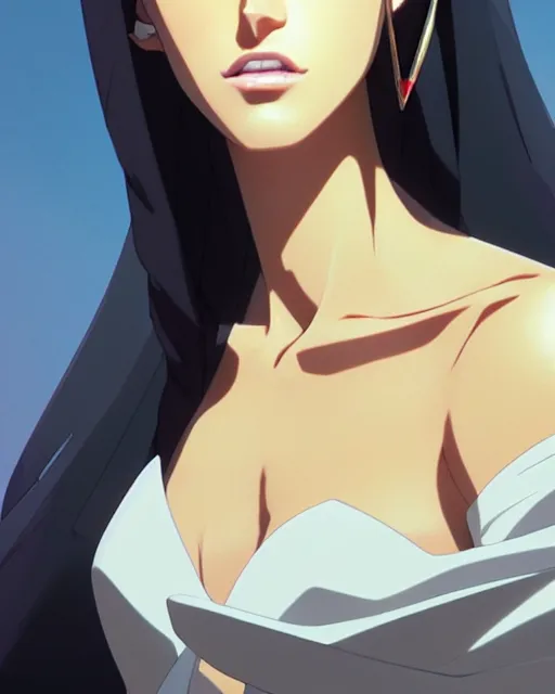 Image similar to azctec queen, megan fox, gemstone forehead, detailed perfect face, exquisite details, fire magic, mid view, design on a white background, by studio muti, greg rutkowski makoto shinkai takashi takeuchi studio ghibli