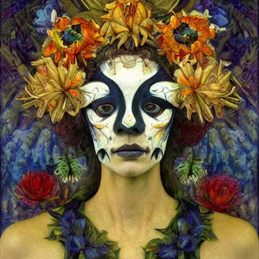 Prompt: masterpiece painting of a facemask made of flowers, by annie swynnerton and jean delville and tino rodriguez and diego rivera and adolf wolfli, flower mask, flower shaman, spooky dark psychedelic, art brut, symbolist, dramatic lighting, god rays, elaborate geometric ornament, clean crisp graphics, soft cool colors, smooth sharp focus, extremely detailed