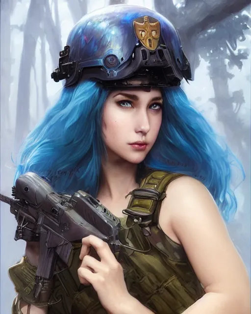 Prompt: stunningly beautiful girl with blue hair, blue eyes, fantasy art, military girl, army girl outfit, soldier helmet, jungle background, dark light night, sharp focus, digital painting, 8 k, concept art, art by wlop, artgerm, greg rutkowski and alphonse mucha