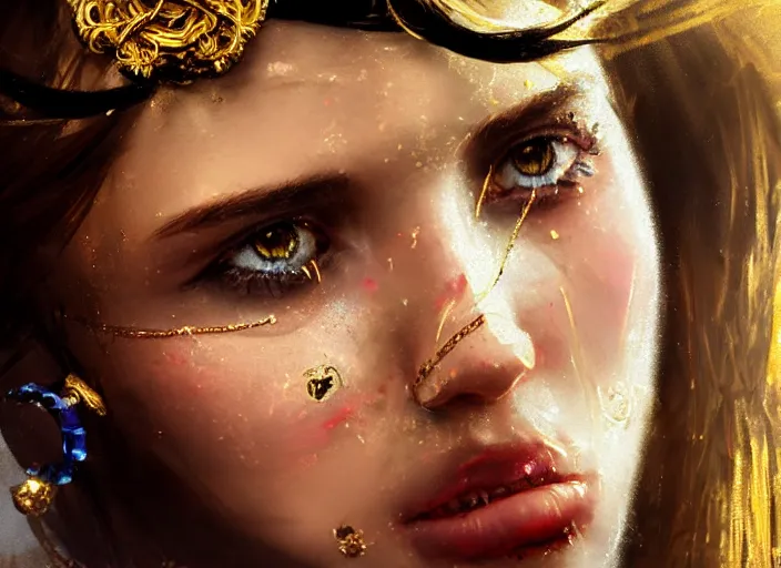 Image similar to close up picture of a pirate girl, hard breathing, messy hair, reaching a hands to the camera, jewels and gold on the background, coveted, beautiful and aesthetic and attractive and detailed face, specular reflection, occlusion shadow, intricate, bokeh, masterpiece, by ilya kuvshinov and jeremy lipking and quentin mabille