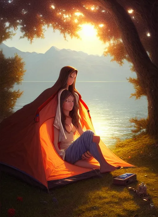Prompt: full portrait of mage traveller resting at her tent at a lake. intricate, elegant, highly detailed, digital painting, artstation, concept art, smooth, sharp focus, illustration, art by artgerm and greg rutkowski and joe fenton, 8 k