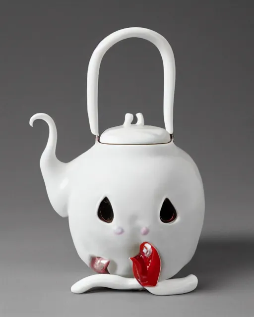 Image similar to a creepy white porcelain tea kettle, with it's lid shaped like a creepy happy cat head, it's handle shaped like a cat tail and it's spout in the shape of the cat paws, at the end of the spot there is a gray mouse. hyperreal, and intricately detailed